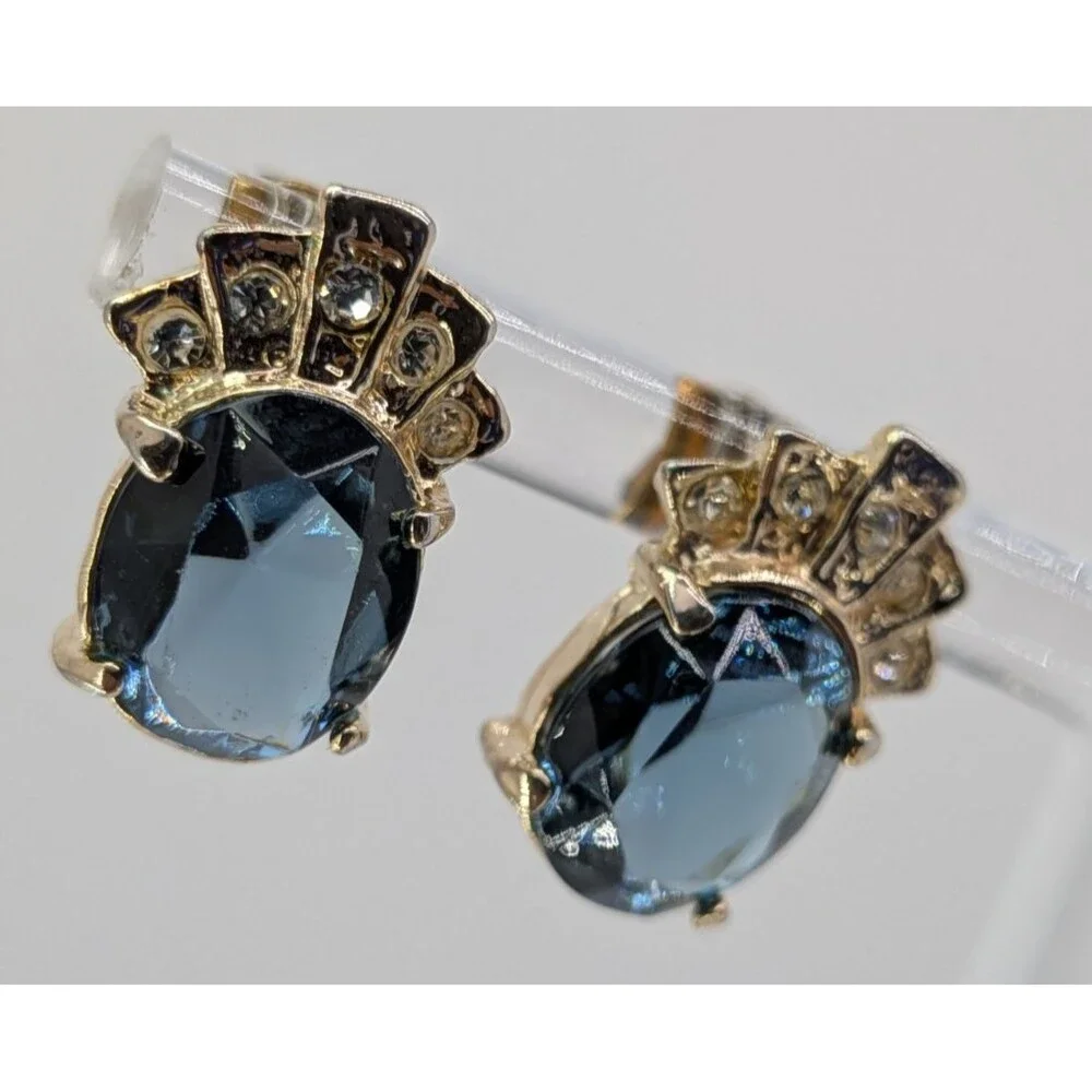 Vintage Blue Glass Stud Earrings Clear Rhinestone Crown Gold Tone Pierced 15mm